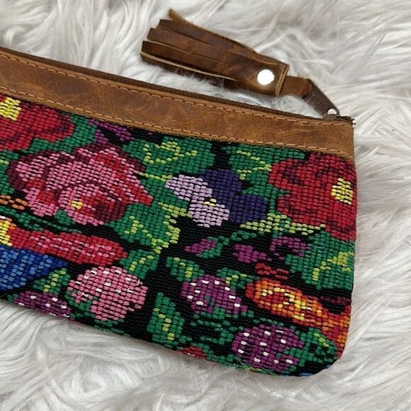 Sabra & Sand Huipile and Leather Floral Tasseled Wristlet - Picture 2 of 16